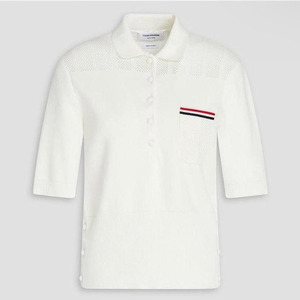 Thom Browne Women’s Milano pointelle-knit polo ivory shirt Sz 36 MSRP $1450